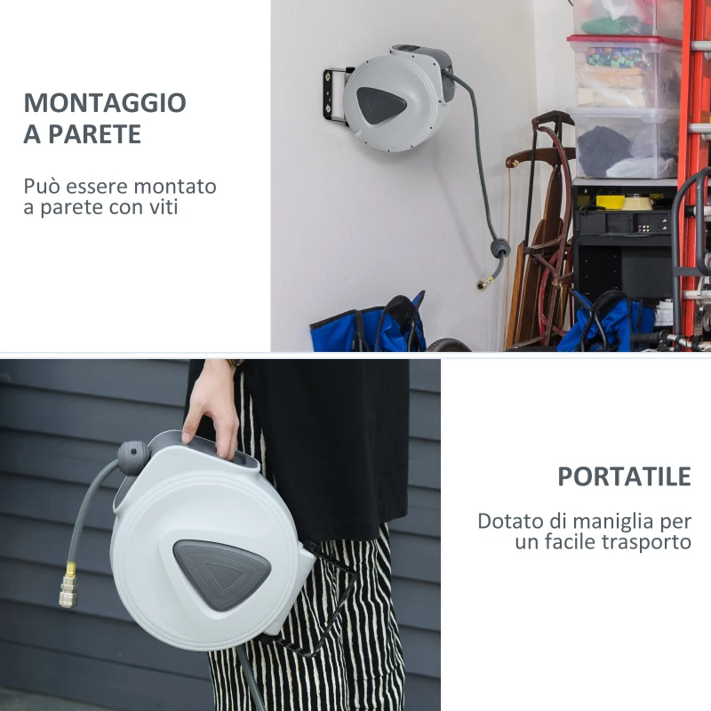 DURHAND Avvolgitubo Automatico con Attacco Ø1/4'', Pressione Max 24 Bar, Montaggio a Parete e Ruotabile di 180°, Grigio