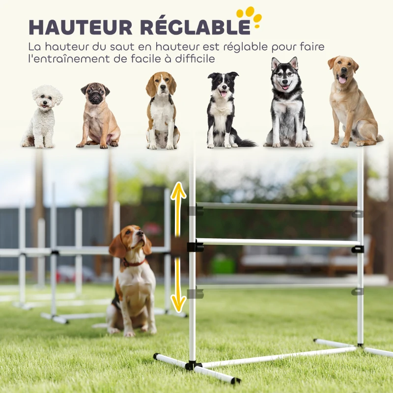 PawHut Agility pour Chiens, Kit Agility Chien Parcours, Set de 4 Obstacles Professionnels Hauteur Réglable, Système de Maintien au Sol, Sac de Transport, Jeux Intéressants, Entraînement, Blanc