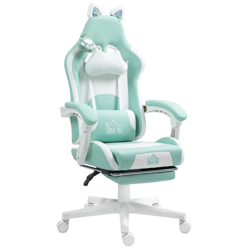 HOMCOM Scaun de Gaming Rabatabil cu Suport pentru Picioare și Perne, din Piele Ecologică și Spumă, 65x62x116-124 cm, Alb și Albastru