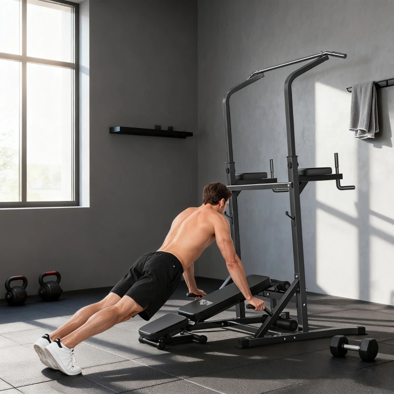 HOMCOM Estación de Musculación Torre de Entrenamiento Altura Ajustable con Barra de Dominadas y Banco Plegable para Fitness en Casa Gimnasio Carga 150 kg 99x178x230 cm Negro