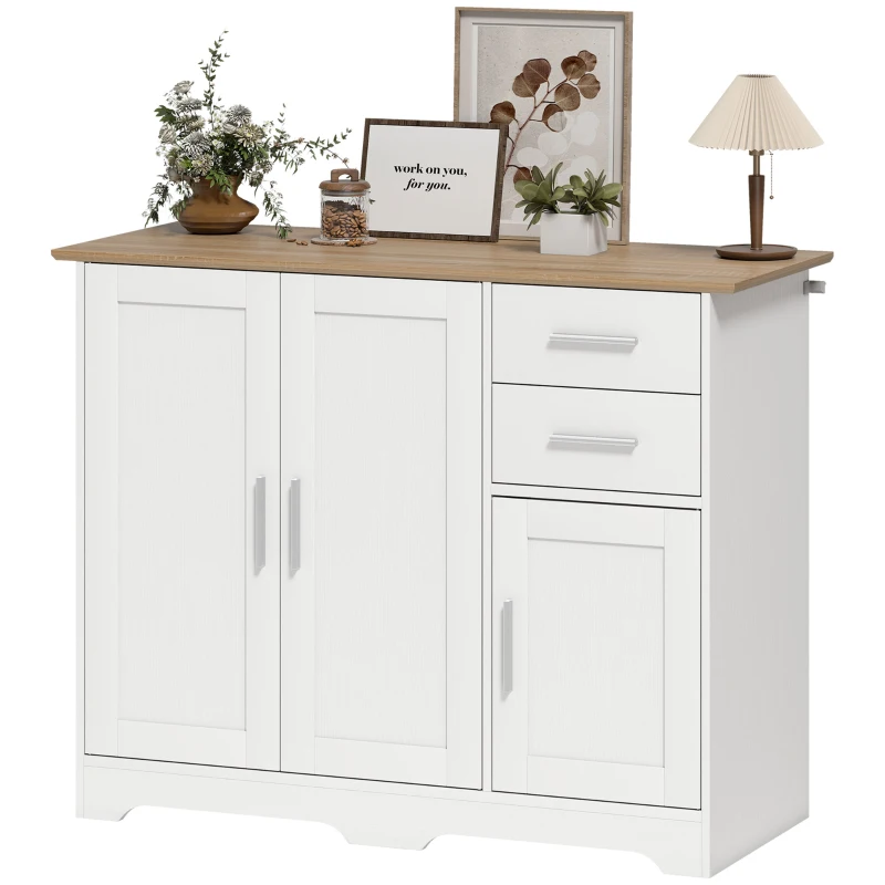 HOMCOM Bufet Modern din Lemn cu 2 Sertare și 2 Dulapuri, 100x40x78 cm, Alb și Lemn Natural