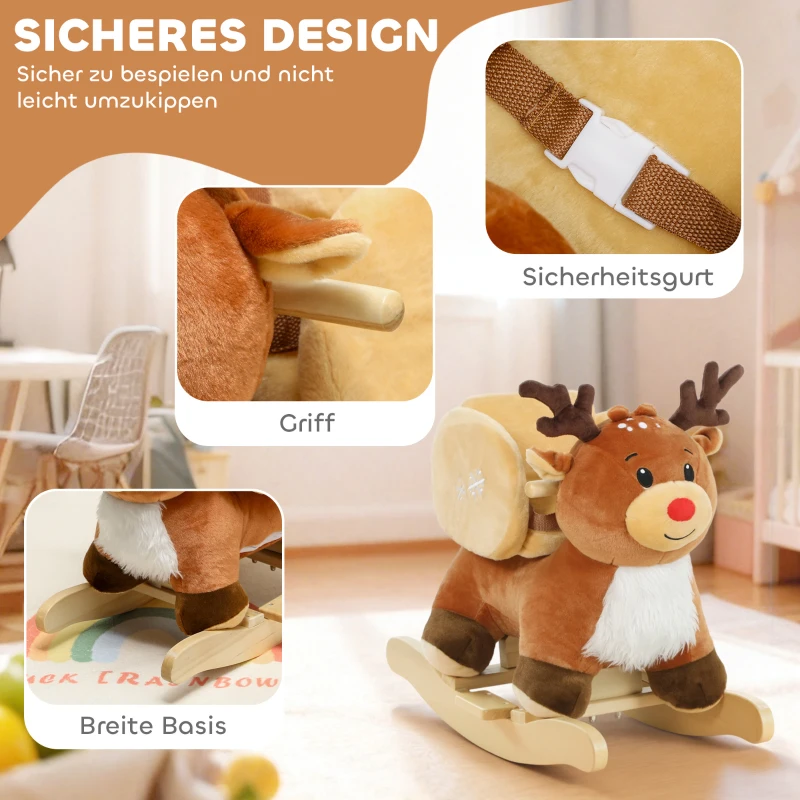 AIYAPLAY Kinder Schaukelpferd Baby Schaukeltier Rentier mit Schlaflieder, für 18-36 Monate Plüsch 65 x 32 x 55 cm Braun