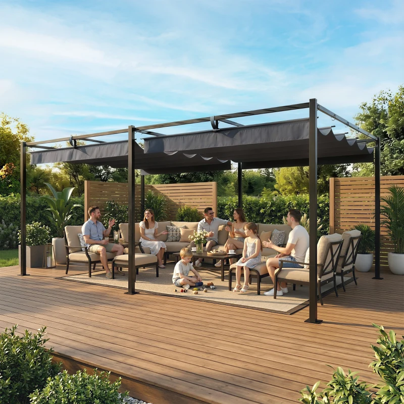 Outsunny Pérgola de Jardín 6x3 m con Techo Retráctil Protección UPF50+ Drenaje Cenador de Jardín para Patio Exterior Gris Oscuro