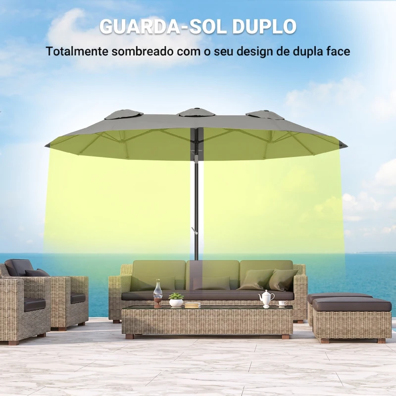 Outsunny Chapéu de Sol Duplo Chapéu de Sol de Jardim com Inclinação de 45° Manivela Estrutura de Aço 295x152x222 cm  Cinza