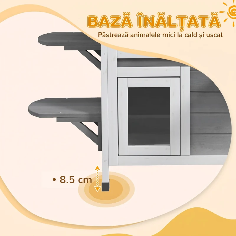 PawHut Casă pentru Pisici pe 2 Niveluri cu Acoperiș Rabatabil, Lemn de Brad, 99,5 x 76 x 91 cm, Gri