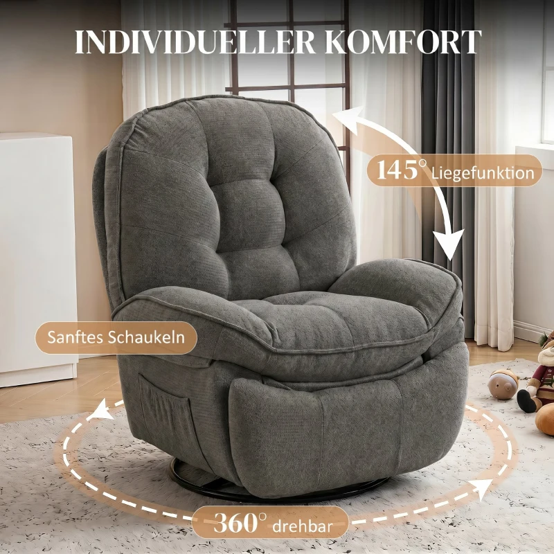 HOMCOM Relaxsessel Fernsehsessel mit Liegefunktion, Drehbarer Ruhesessel mit Wippfunktion, für Wohnzimmer, Schlafzimmer