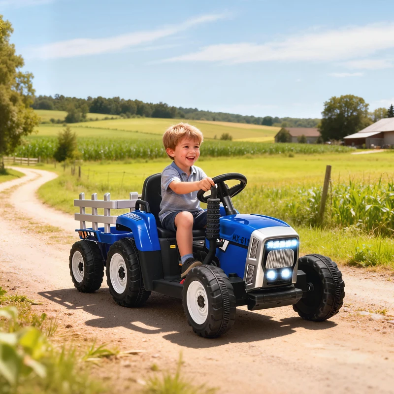 HOMCOM Tractor Electric pentru Copii cu Remorcă Detașabilă, Telecomandă, Port USB, Muzică și Lumini, 3-6 Ani, Albastru