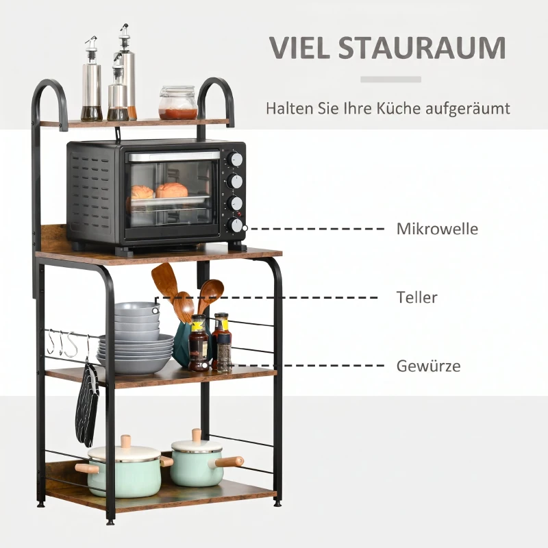 HOMCOM Küchenregal, Standregal mit 3 Ablagen, 4 Haken, Mikrowellenregal für Küche, Esszimmer, Rustikal-Braun, 60 x 40 x 125 cm