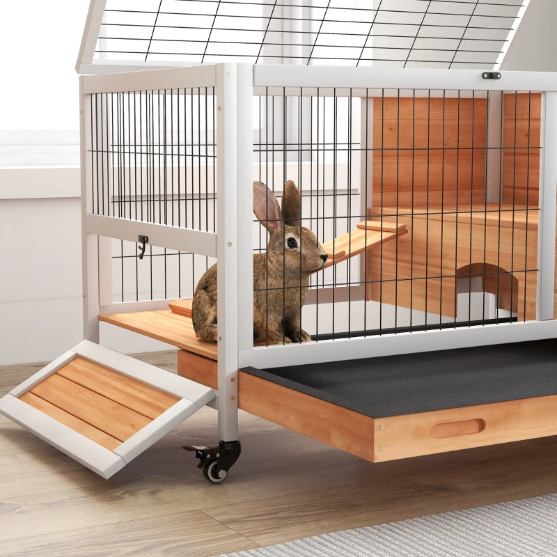 PawHut Kaninchenstall aus Holz Hasenstall mit 2 Etagen Klappdach Rädern Zwei Eingängen Rampe Ausziehbarem Tablett 90x53x59cm