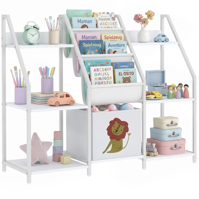 AIYAPLAY Bibliotecă și Organizator de Jucării pentru Copii, Metal, PAL, 93 x 30 x 76 cm, Alb
