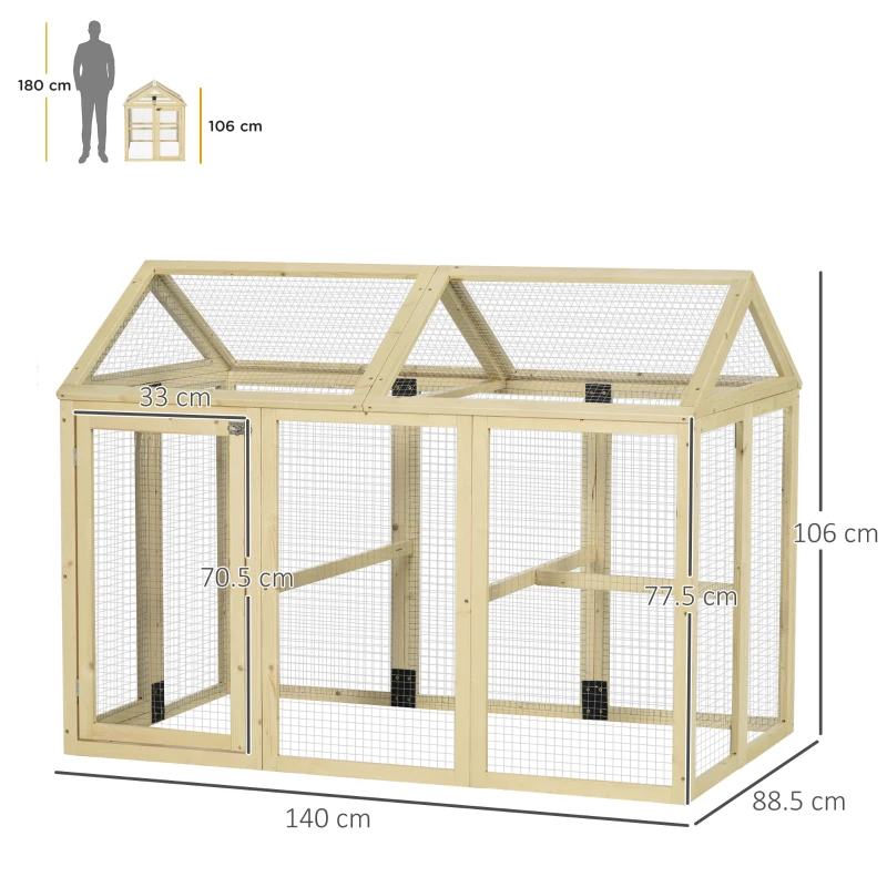 PawHut Țarc pentru Găini de Exterior din Lemn, Cușcă pentru Găini cu Uși Multiple și Plasă Metalică, 140x88.5x106 cm, Culoare Lemn