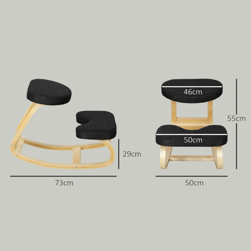 HOMCOM Scaun Genunchi cu Mișcare de Balans, în Țesătură Efect de In și Lemn de Mesteacăn, 50x73x55 cm, Negru