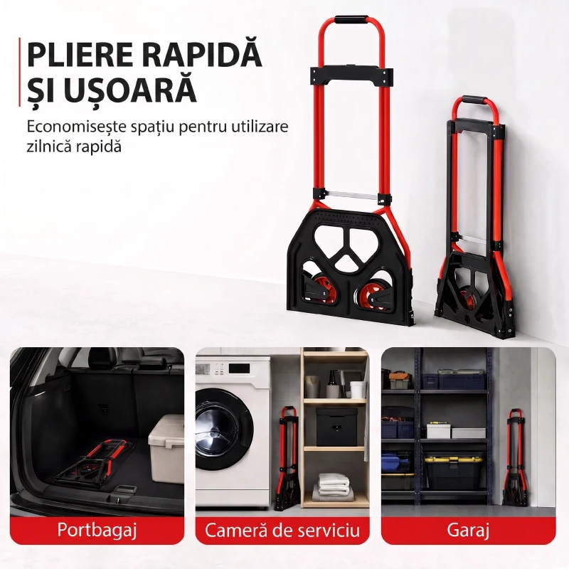 HOMCOM Cărucior de Transport cu Mâner Telescopic, Capacitate 60 kg, Cadru din Oțel, Roșu