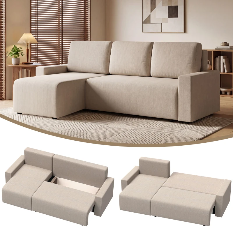 HOMCOM Ecksofa mit Schlaffunktion und umkehrbarer Chaiselongue, L-förmiges 3-Sitzer Sofa aus Veloursbezug, Beige