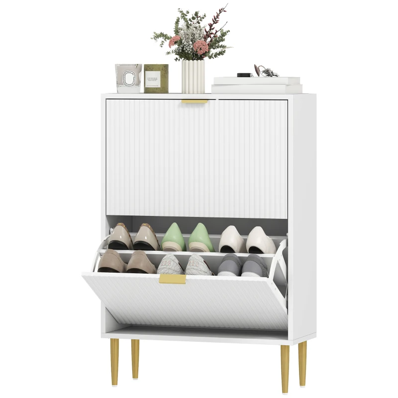 HOMCOM Meuble à chaussures 12 paires avec 2 tiroirs rabattables, portes cannelées et étagères réglables, 60x24x91,5cm, blanc