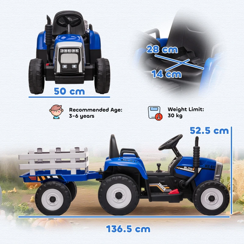 HOMCOM Tractor Electric pentru Copii cu Remorcă Detașabilă, Telecomandă, Port USB, Muzică și Lumini, 3-6 Ani, Albastru