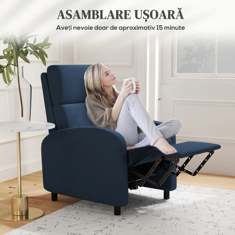HOMCOM Fotoliu Relax Reclinabil Manual până la 160° cu Suport pentru Picioare, Albastru