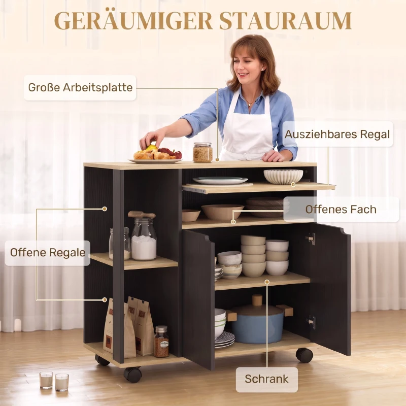 HOMCOM Rollender Küchenwagen mit Stauraum, Schrank, verstellbare Regale, für Küche, Wohnzimmer, Esszimmer, Schwarz