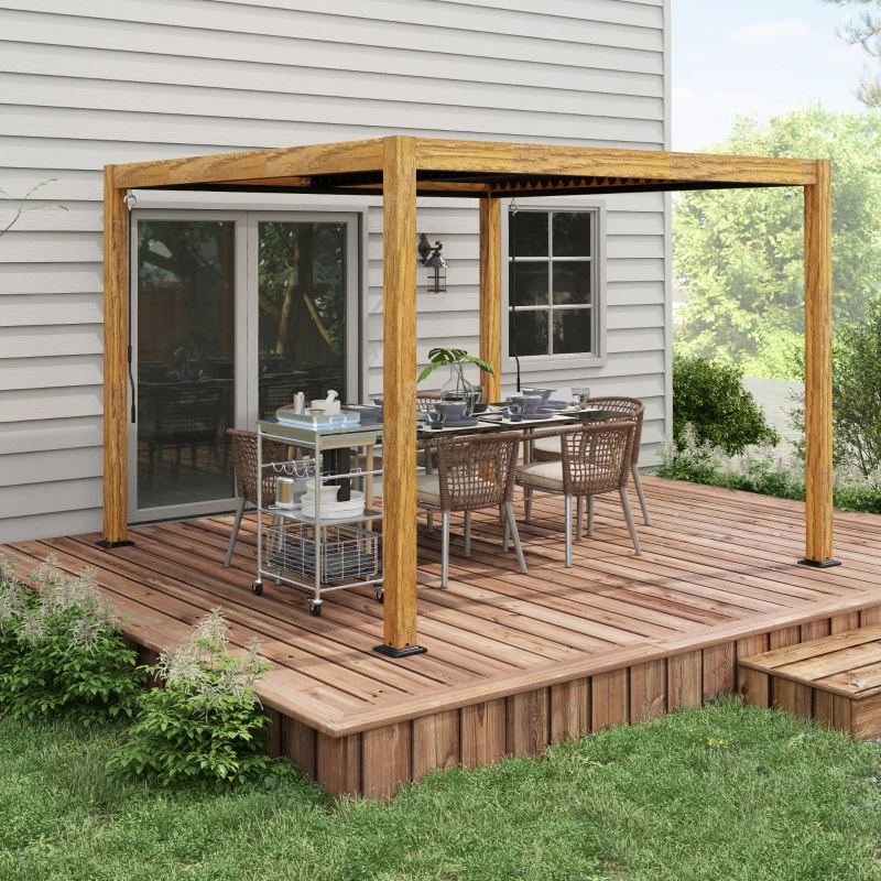 Outsunny Tuinpaviljoen met lamellendak, handkruk, aluminium/hout, 3x3m, zwart/natuur