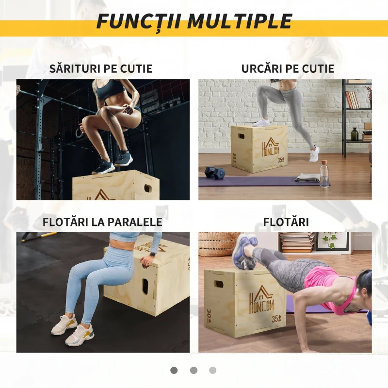 HOMCOM Plyo Box din Lemn cu 3 Înălțimi, Jumping Box Pliometric, Capacitate 120 Kg, 40,5 x 35,5 x 30,5 Cm