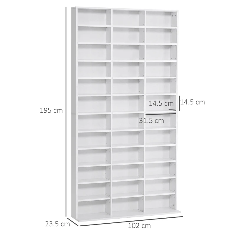 HOMCOM Bibliotecă pentru CD-uri din lemn cu 3 coloane și 12 rafturi reglabile, 102x23,5x195 cm, alb