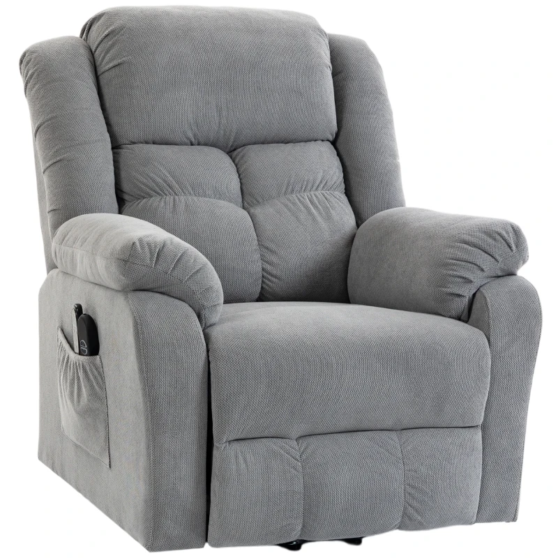 HOMCOM Aufstehsessel mit Massagefunktion und Lendenheizung, Recliner-Sessel mit Fernbedienungen und Seitentaschen, Hellgrau
