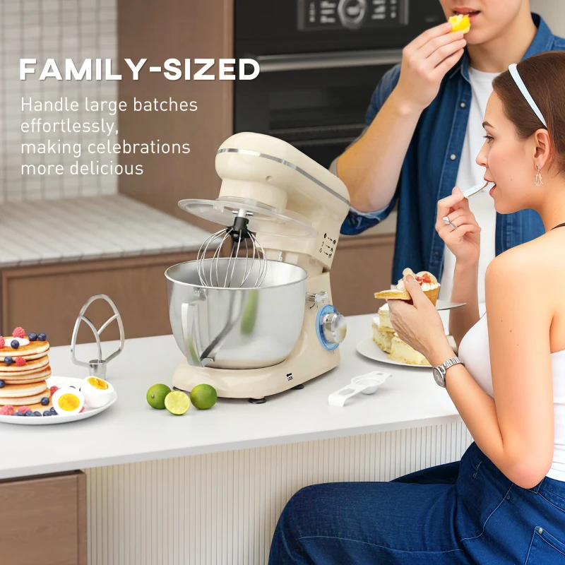 HOMCOM Robot pâtissier 1300 W, robot pétrin professionnel 4,5 L, bol d'acier inoxydable, 6+P vitesses et pulse, beige