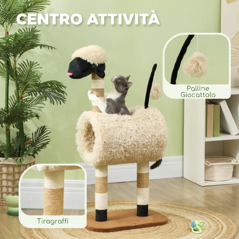 PawHut Albero Tiragraffi per Gatti a Forma di Pecora con Naso Nero, Pali in Juta, Tunnel e Pallina, Marrone Chiaro