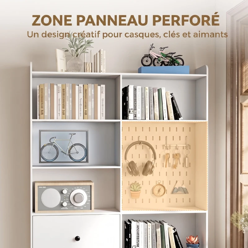 HOMCOM Bibliothèque, Étagère 6 Niveaux, 120 x 30 x 200 cm, Meuble de Rangement avec 2 Tiroirs et Panneau Perforé, Blanc