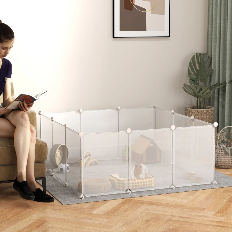 PawHut Pet Playpen DIY Small Animal Cage Open Enclosure Portable Plastic Fence 12 Panels for Hedgehog Guinea Pig White