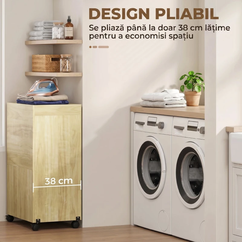 HOMCOM Dulap Masă de Călcat Rabatabilă cu Suport pentru Fier și Haine, cu Compartiment Deschis, 154x55x87 cm, Lemn Natural