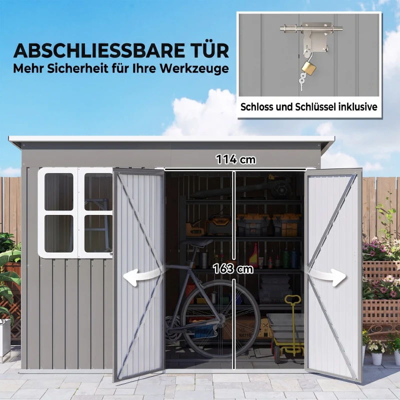 Outsunny Metallschuppen zur Aufbewahrung von Gartengeräten, mit Fenster, breite Tür, 260 x 177 x 190 cm, Hellgrau