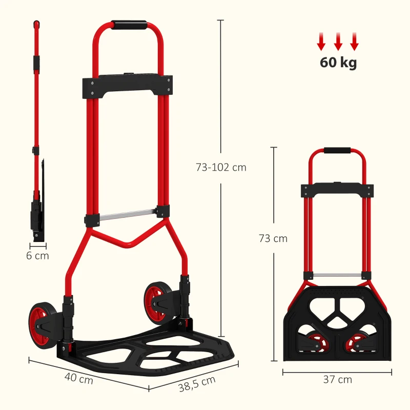 HOMCOM Carretilla Plegable con Mango Telescópico Ajustable Carga 60 kg Carretilla de Mano con Ruedas para Garaje Oficina Rojo