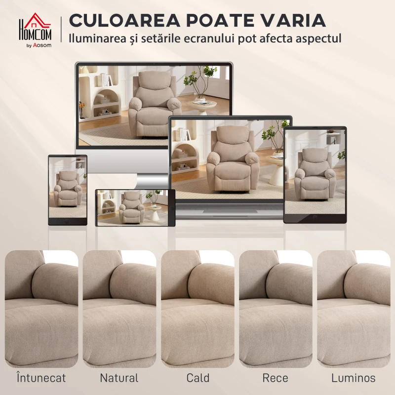 HOMCOM Fotoliu Rabatabil Manual cu Perne Groase, Mânere Căptușite și Suport pentru Picioare, Bej
