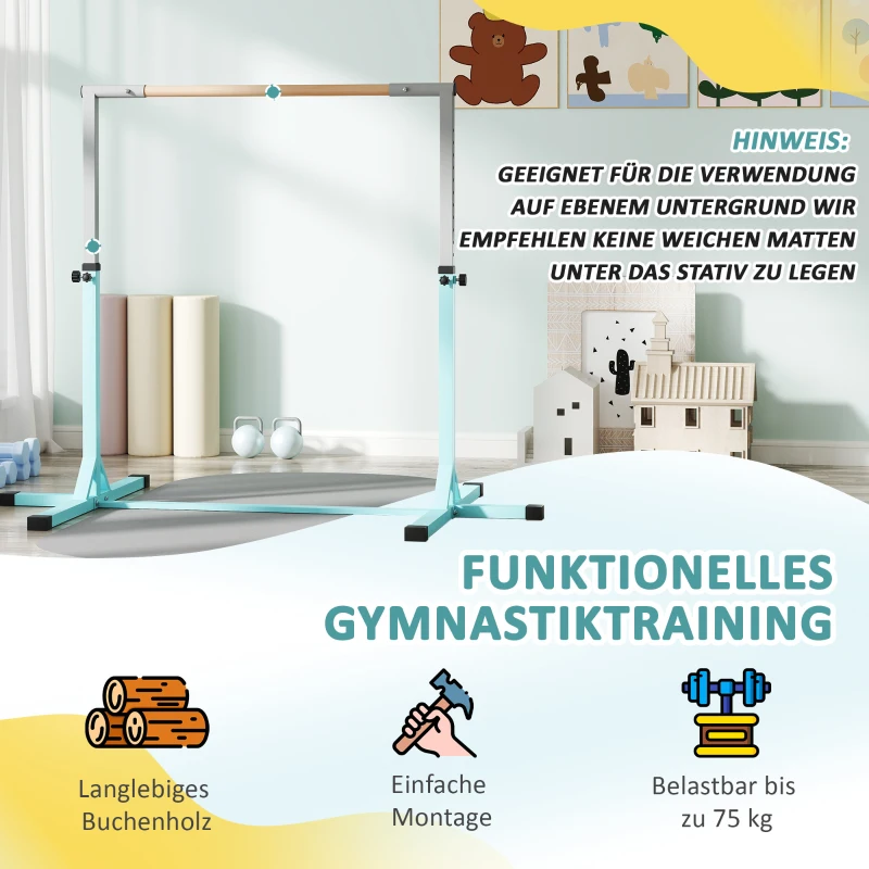 HOMCOM Gymnastik-Turnreck, Reckstange, 13-stufig höhenverstellbar, bis 75 kg belastbar, Stahl, Buchenholz, Hellblau