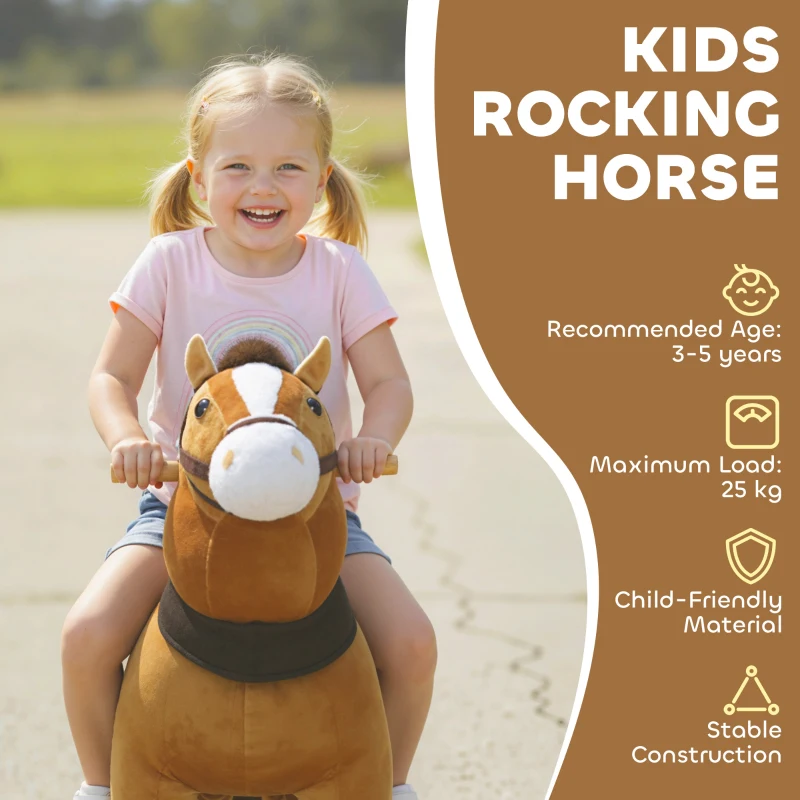 AIYAPLAY Cheval à Monter pour Enfant, Cheval à Roulettes en Peluche, Poignée, 75 cm de Haut, pour 3 à 5 Ans, Marron