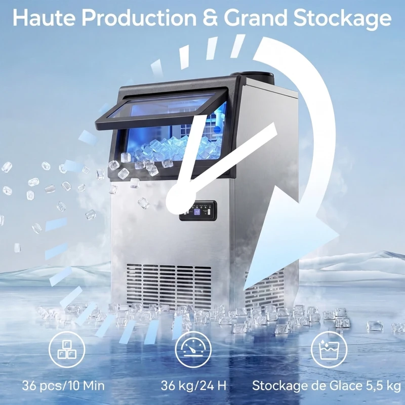 HOMCOM Machine à glaçons commerciale 36 kg/24h, acier inoxydable, ice maker, capacité 5,5 kg, 36 cubes par 10 minutes,