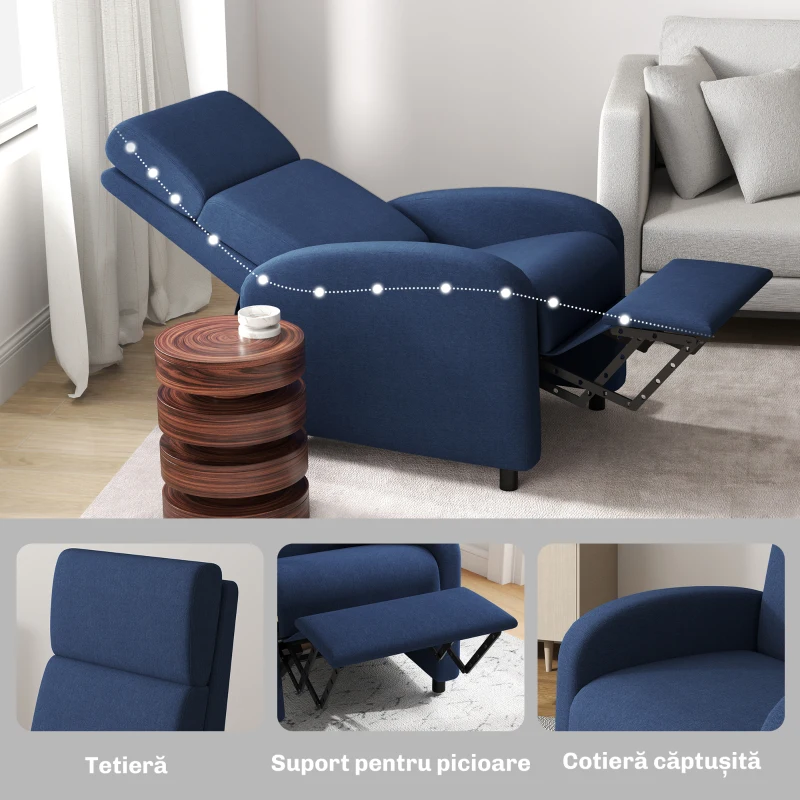 HOMCOM Fotoliu Relax Reclinabil Manual până la 160° cu Suport pentru Picioare, Albastru