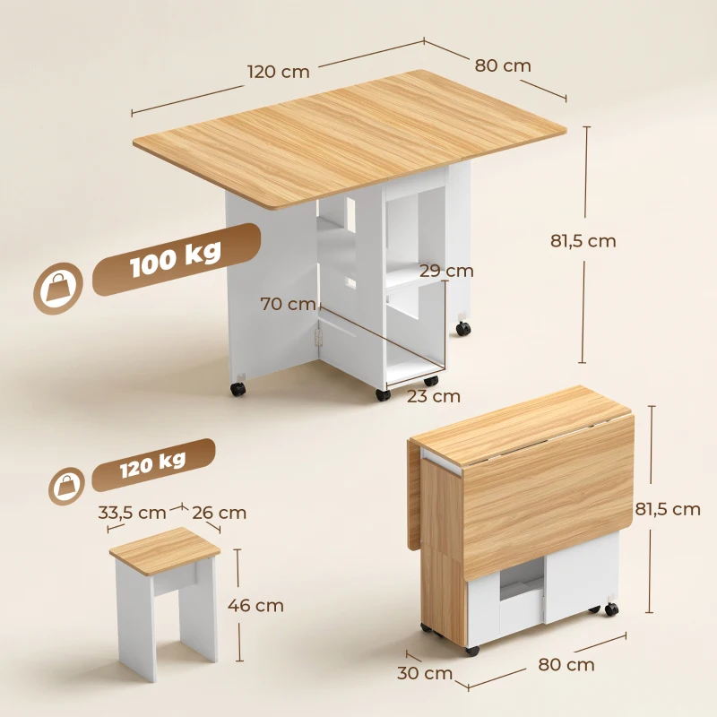 HOMCOM Conjunto de Mesa de Jantar Dobrável com 4 Bancos Ocultos, 2 Abas Rebatíveis, Rodas e Prateleiras, Carvalho
