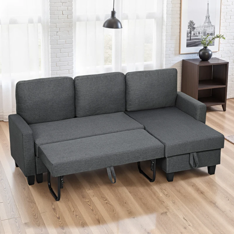 HOMCOM Divan Pat cu 3 Locuri și Chaise și Spațiu de Depozitare, din Țesătură cu Efect de Lin, 197x129x85 cm, Gri Antracit