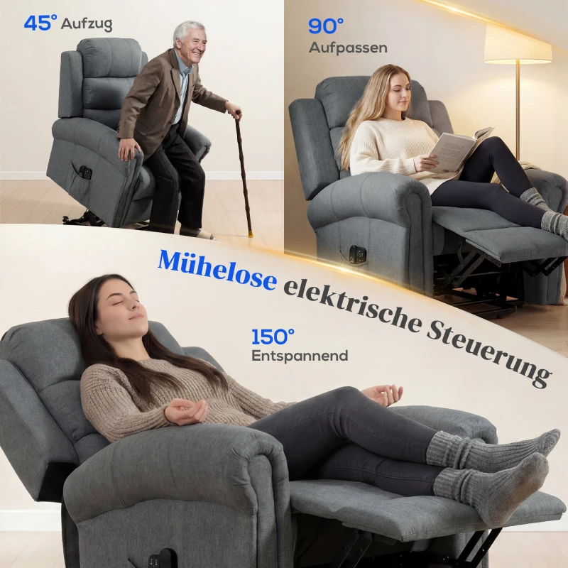 HOMCOM Massagestoel met opstaanfunctie, relaxfauteuil, vibratiekoppen, met kantelfunctie, linnenlook, grijs(m-4)