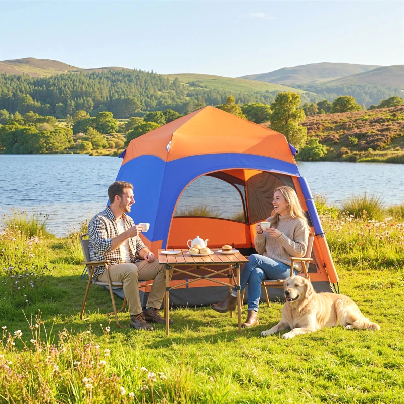 Outsunny Doppellagiges Instant-Pop-Up-Zelt mit Regenschutz, Outdoor Familienzelt für 4 Personen wasserdicht sechseckig 4 Jahreszeiten Kuppelzelt mit Bodenplane 2 Türen Moskitonetz Tragetasche Orange