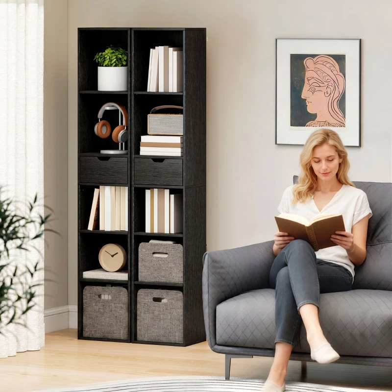 HOMCOM Scaffale Libreria a 4 Ripiani Aperti con Armadietto e Cassetto, 30x24x158 cm, Nero