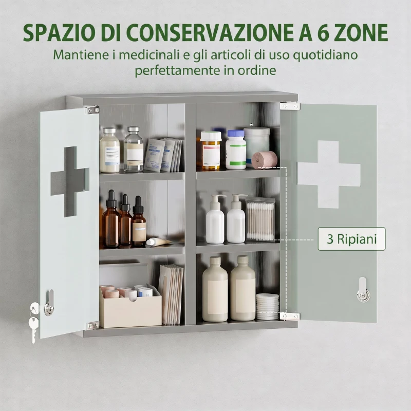 HOMCOM Armadietto per medicinali con serratura e ante in vetro, argento