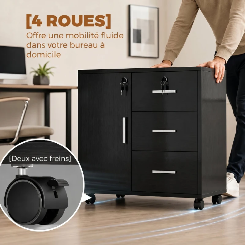HOMCOM Caisson bureau meuble de rangement verrouillable avec 3 tiroirs et étagère réglable, roulettes, 40 x 60 x 56 cm, noir