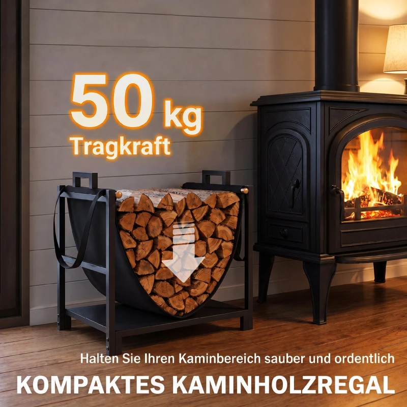Outsunny Kaminholzregal 47,5 x 33 x 44cm erhöhtes Brennholzregal mit Canvas-Tragetasche bis 50 kg Indoor Outdoor