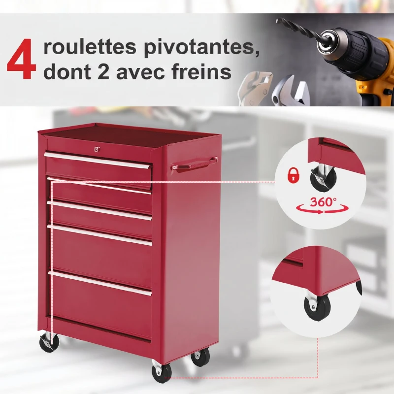 HOMCOM Chariot à outils sur roulettes, Servante d'atelier en acier 5 tiroirs verrouillable 2 clés, 61,5 x 33 x 82,5 cm, rouge