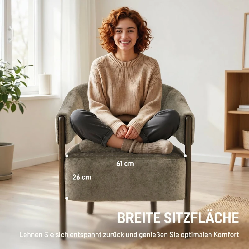HOMCOM Akzentstuhl, Chenille-Polstersessel mit Massivholzrahmen und Beinen, Hellbraun