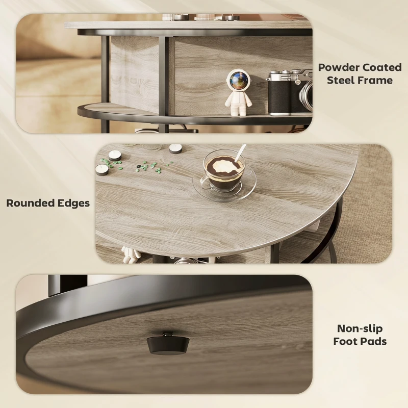 HOMCOM Ronde koffietafel met opklapbaar tafelblad, opbergruimte, zijplanken, stalen frame, salontafel, Eik
