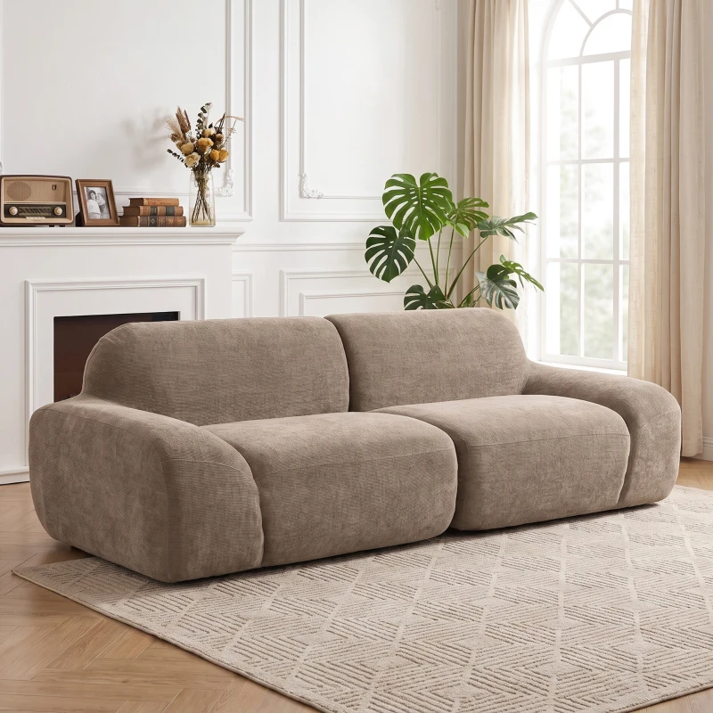 HOMCOM Sofá 3 Plazas en Chenilla 244 cm, Sofá de Salón Moderno, Asiento y Reposabrazos Amplios, Muelles Ensacados, Marrón Claro